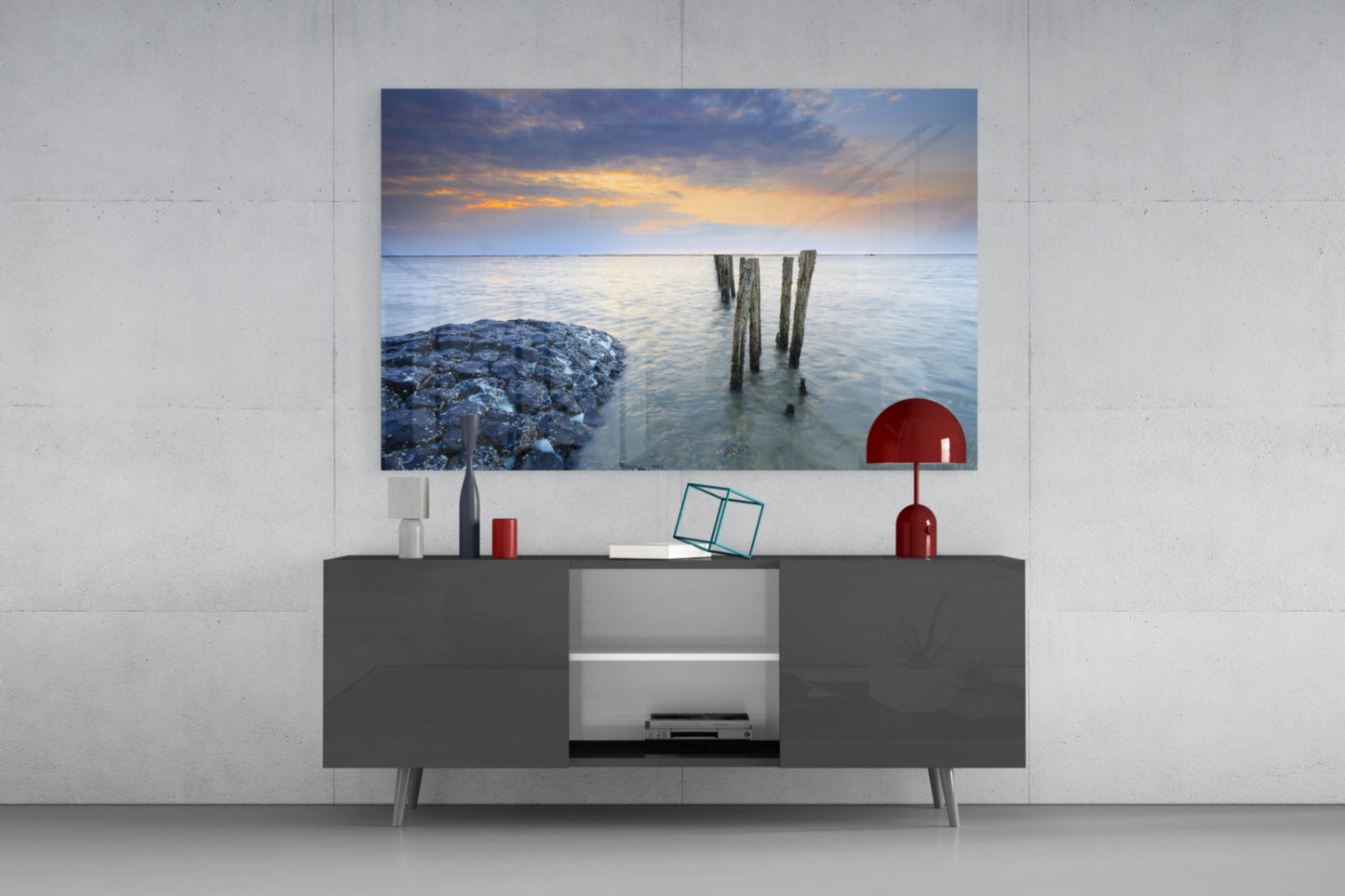 Breakwater Rocks Posts Sunset Glass Wall Art