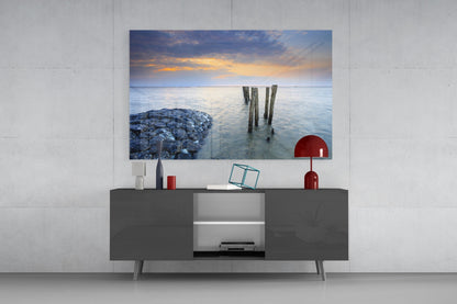 Breakwater Rocks Posts Sunset Glass Wall Art