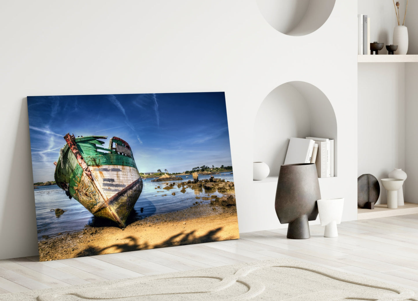 Abandoned Green Boat Blue Sky Glass Wall Art