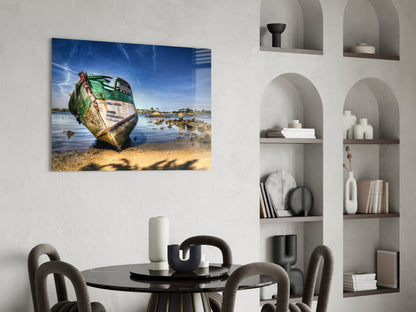 Abandoned Green Boat Blue Sky Glass Wall Art