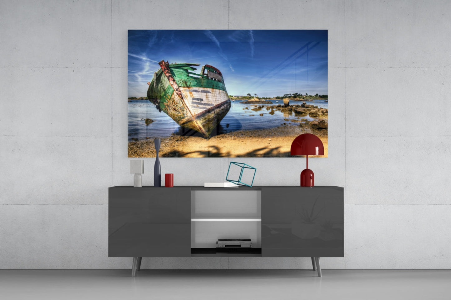 Abandoned Green Boat Blue Sky Glass Wall Art