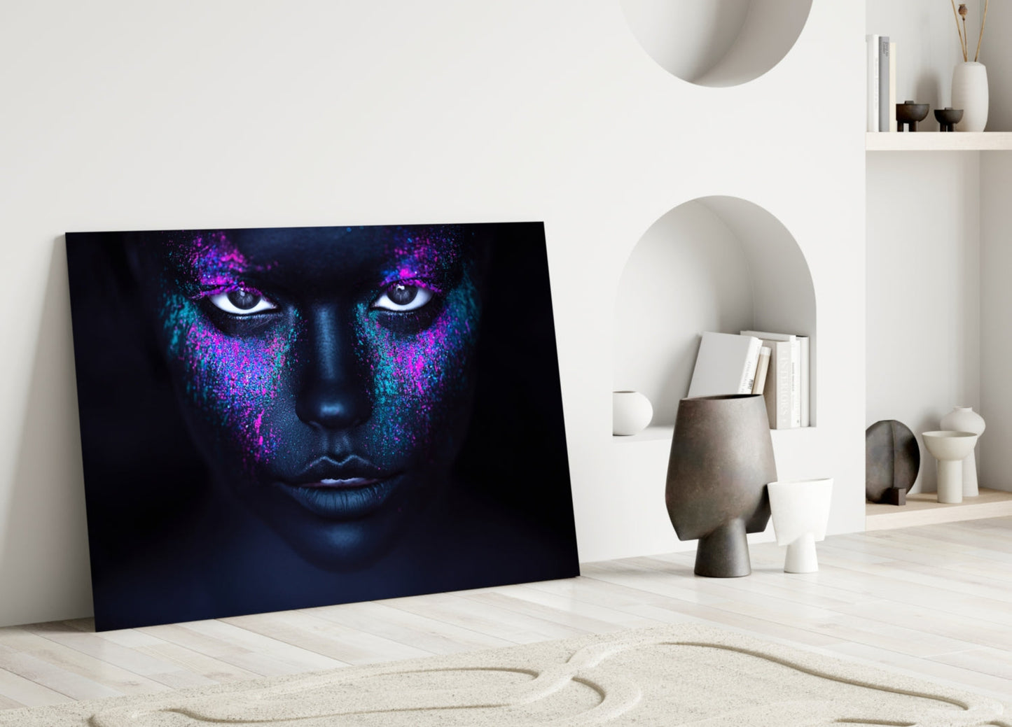 Pink Teal Powder Dark Woman Glass Wall Art