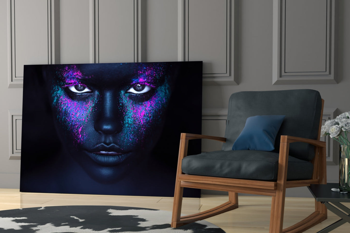 Pink Teal Powder Dark Woman Glass Wall Art