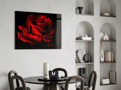 Glowing Red Rose Close Up Glass Wall Art