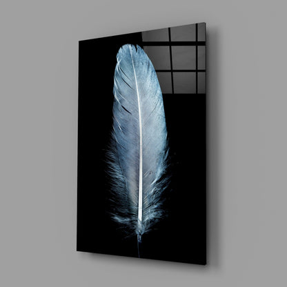 Single Blue Gray Quill Feather Glass Wall Art