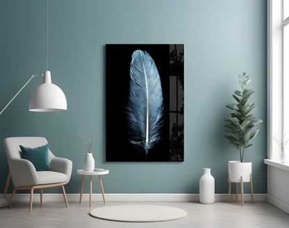 Single Blue Gray Quill Feather Glass Wall Art