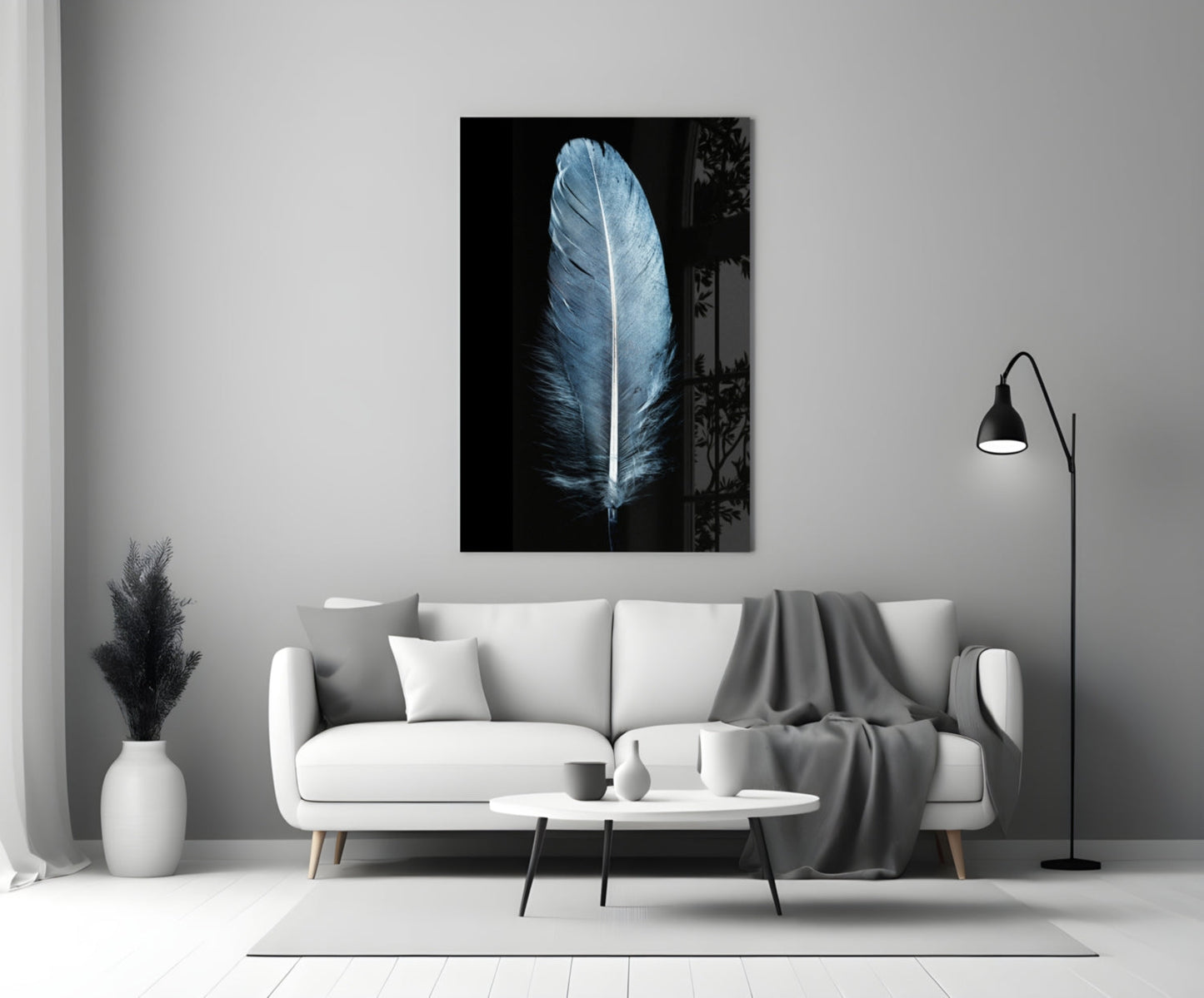 Single Blue Gray Quill Feather Glass Wall Art