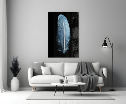 Single Blue Gray Quill Feather Glass Wall Art