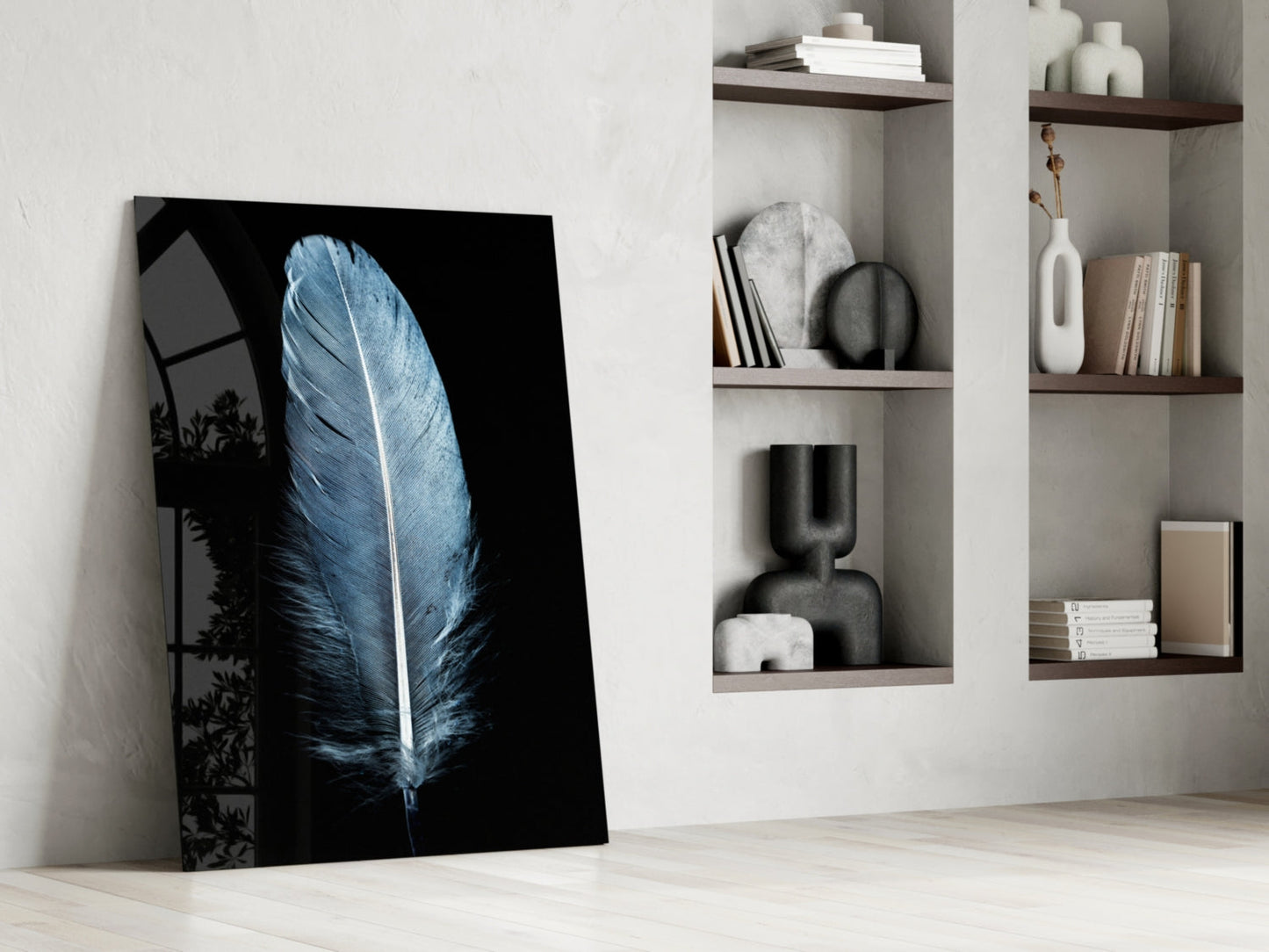 Single Blue Gray Quill Feather Glass Wall Art