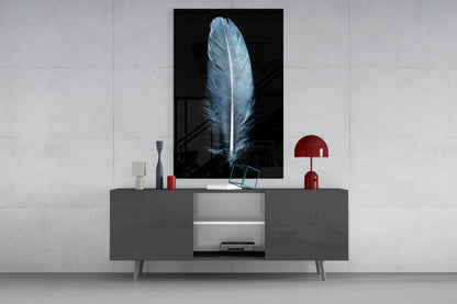 Single Blue Gray Quill Feather Glass Wall Art