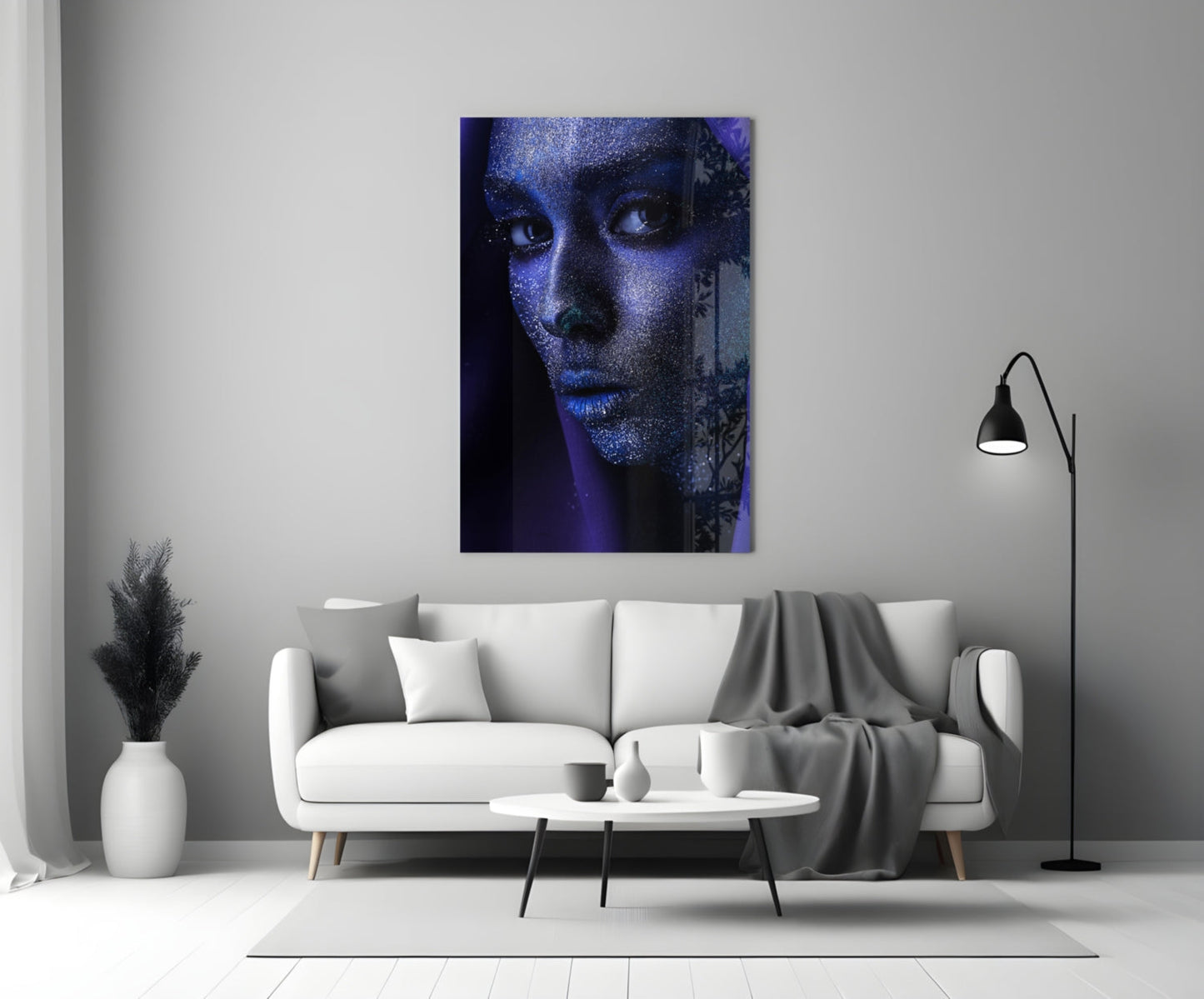 Silver Glitter Face Violet Veil Glass Wall Art