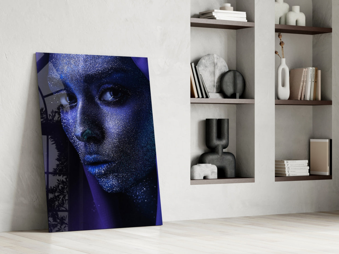 Silver Glitter Face Violet Veil Glass Wall Art