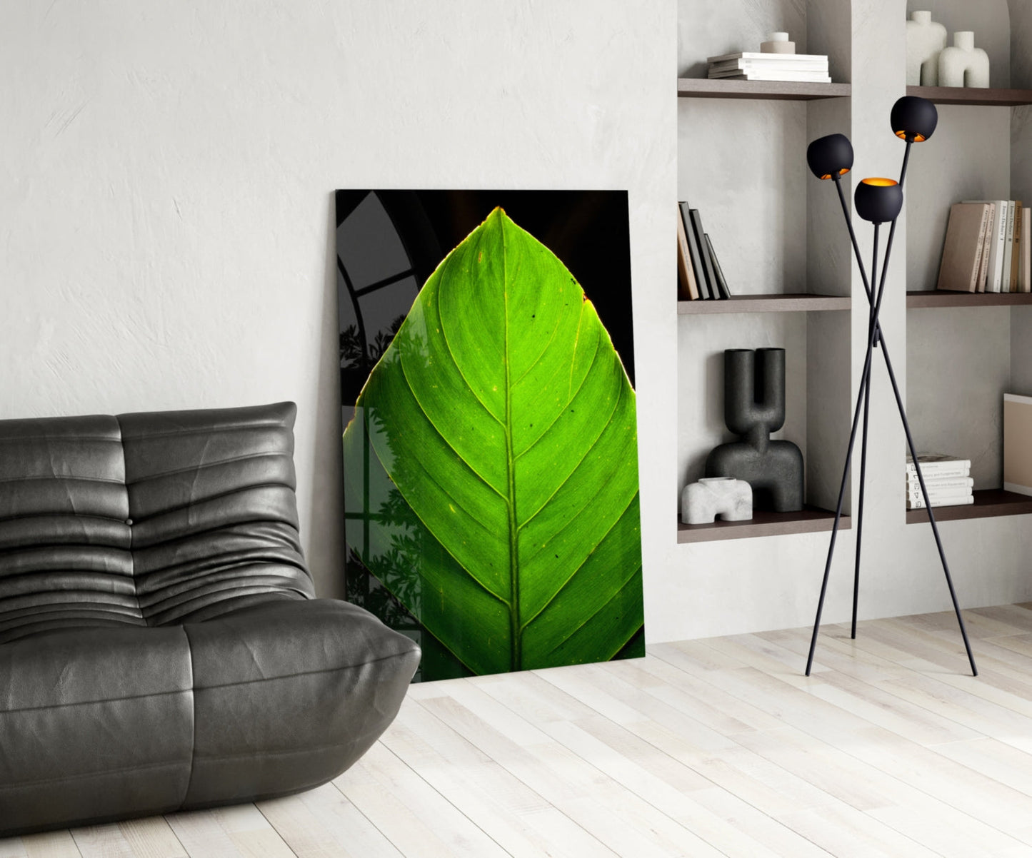 Sunlit Green Leaf Tip on Black Glass Wall Art