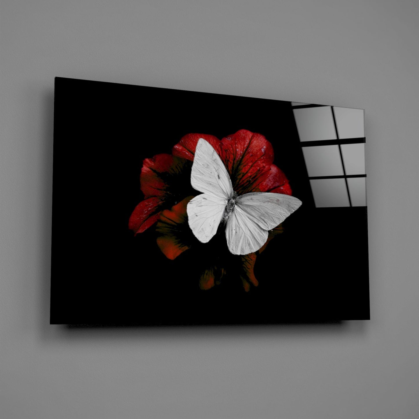 White Butterfly on Red Bloom Glass Wall Art