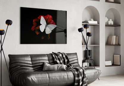 White Butterfly on Red Bloom Glass Wall Art