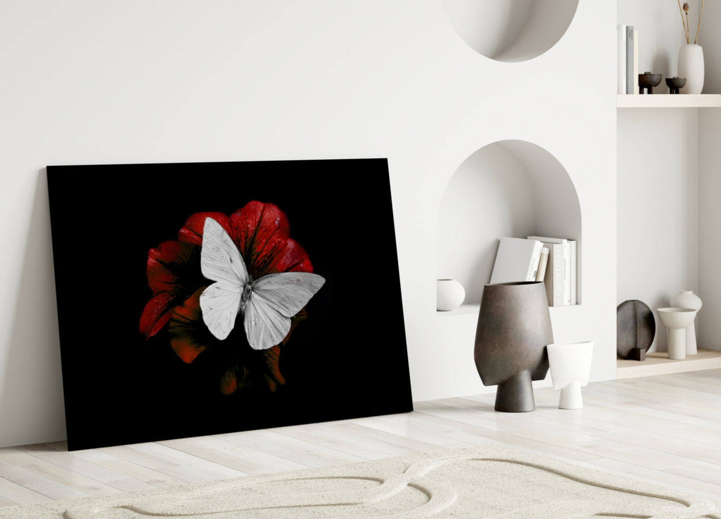 White Butterfly on Red Bloom Glass Wall Art