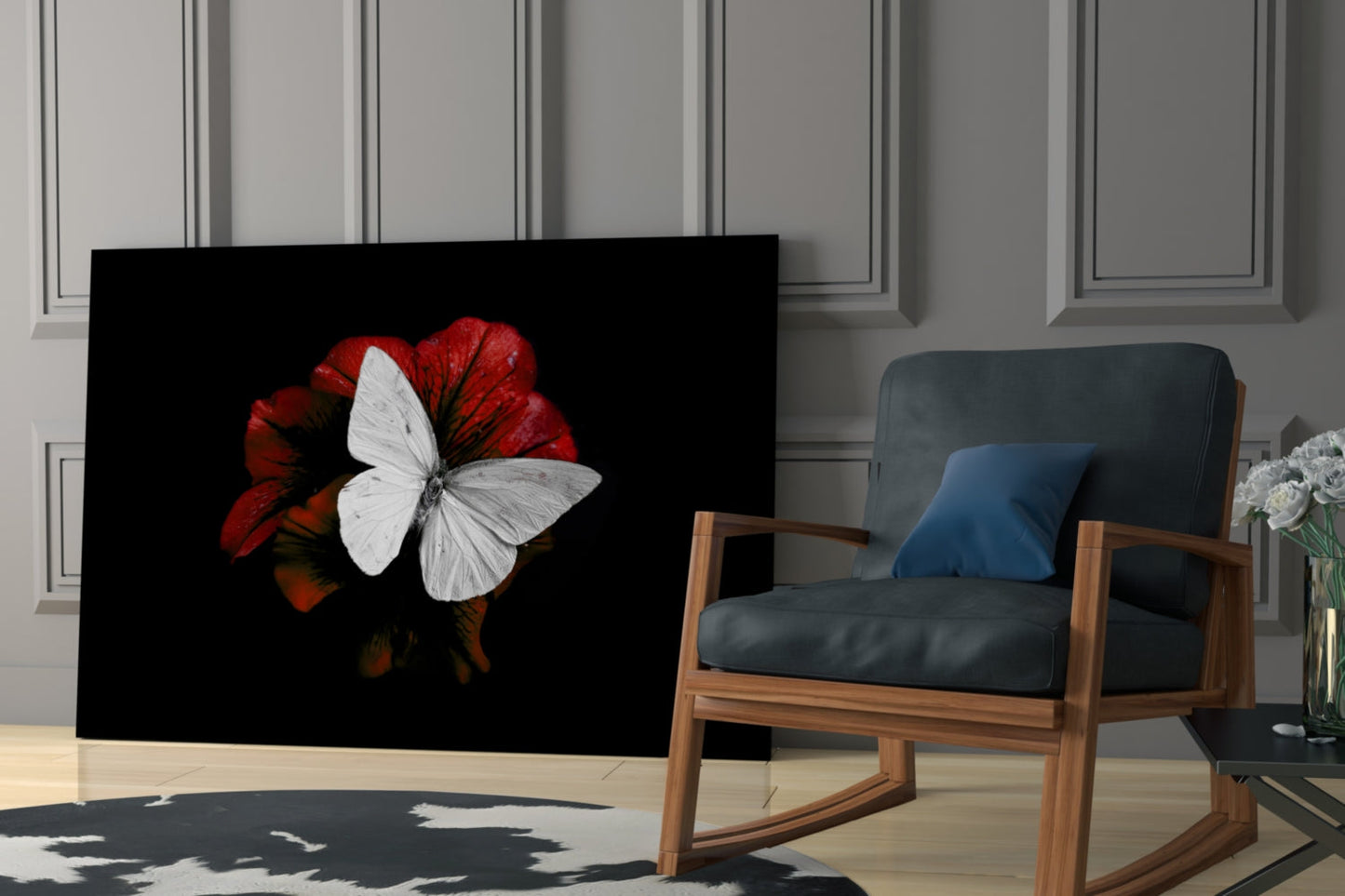 White Butterfly on Red Bloom Glass Wall Art