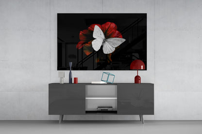 White Butterfly on Red Bloom Glass Wall Art