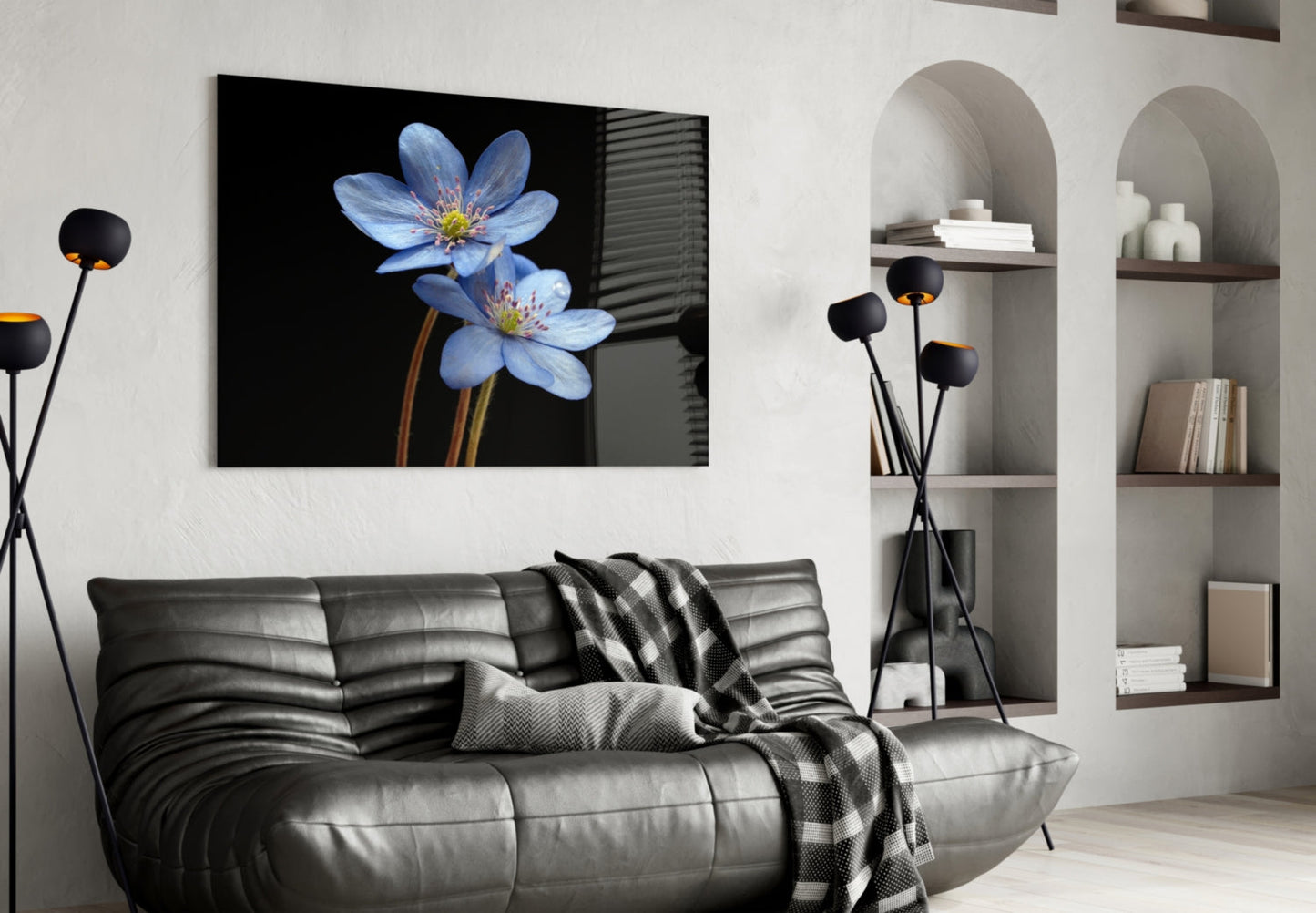 Two Pale Blue Anemones on Black Glass Wall Art