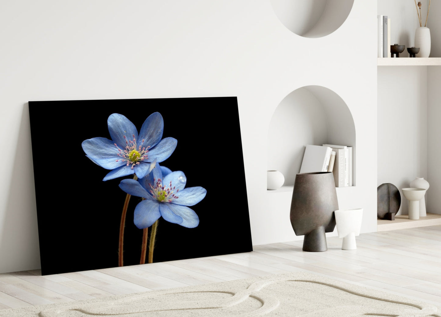 Two Pale Blue Anemones on Black Glass Wall Art