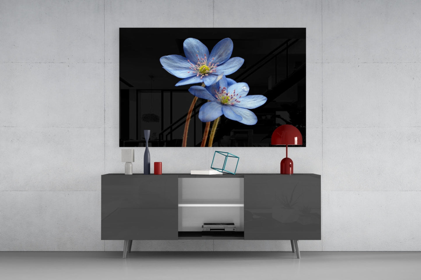 Two Pale Blue Anemones on Black Glass Wall Art