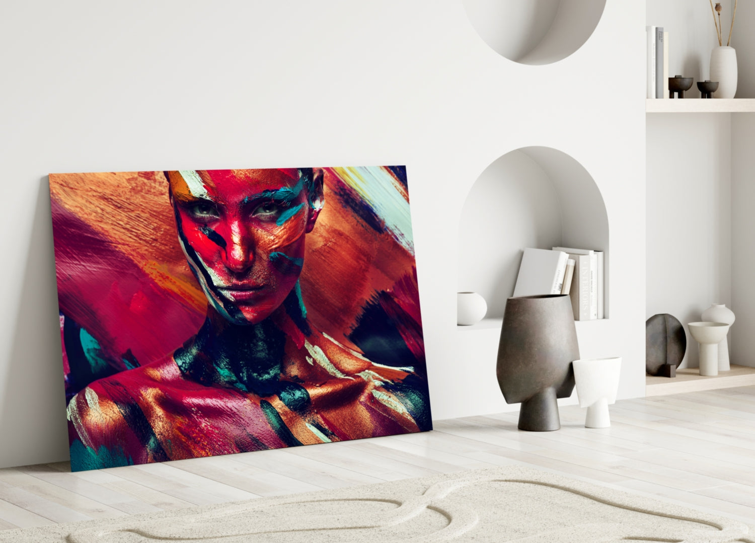 Colorful glass wall art featuring a vibrant portrait with red, orange, and teal painted face leaning against white interior wall with decorative objects.