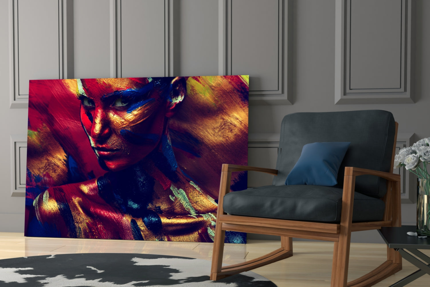 Vibrant glass art panel displaying colorful portrait of woman with red, gold, and blue paint effects, displayed in modern living room setting.