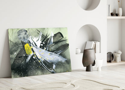 Yellow Accent Ink Splash Glass Wall Art