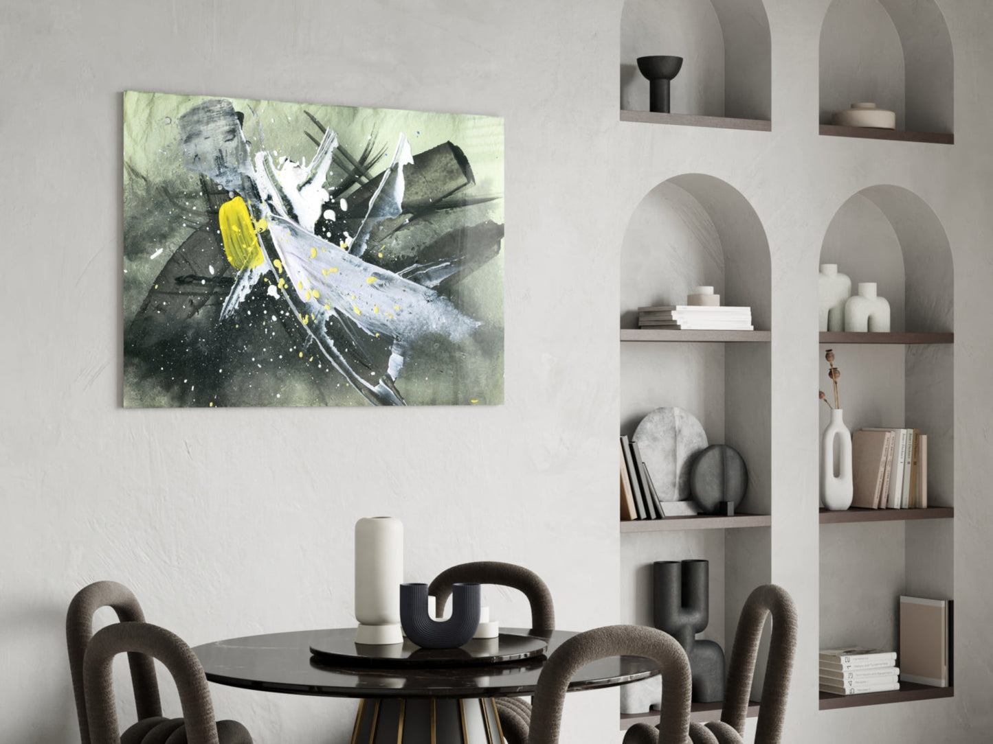 Yellow Accent Ink Splash Glass Wall Art