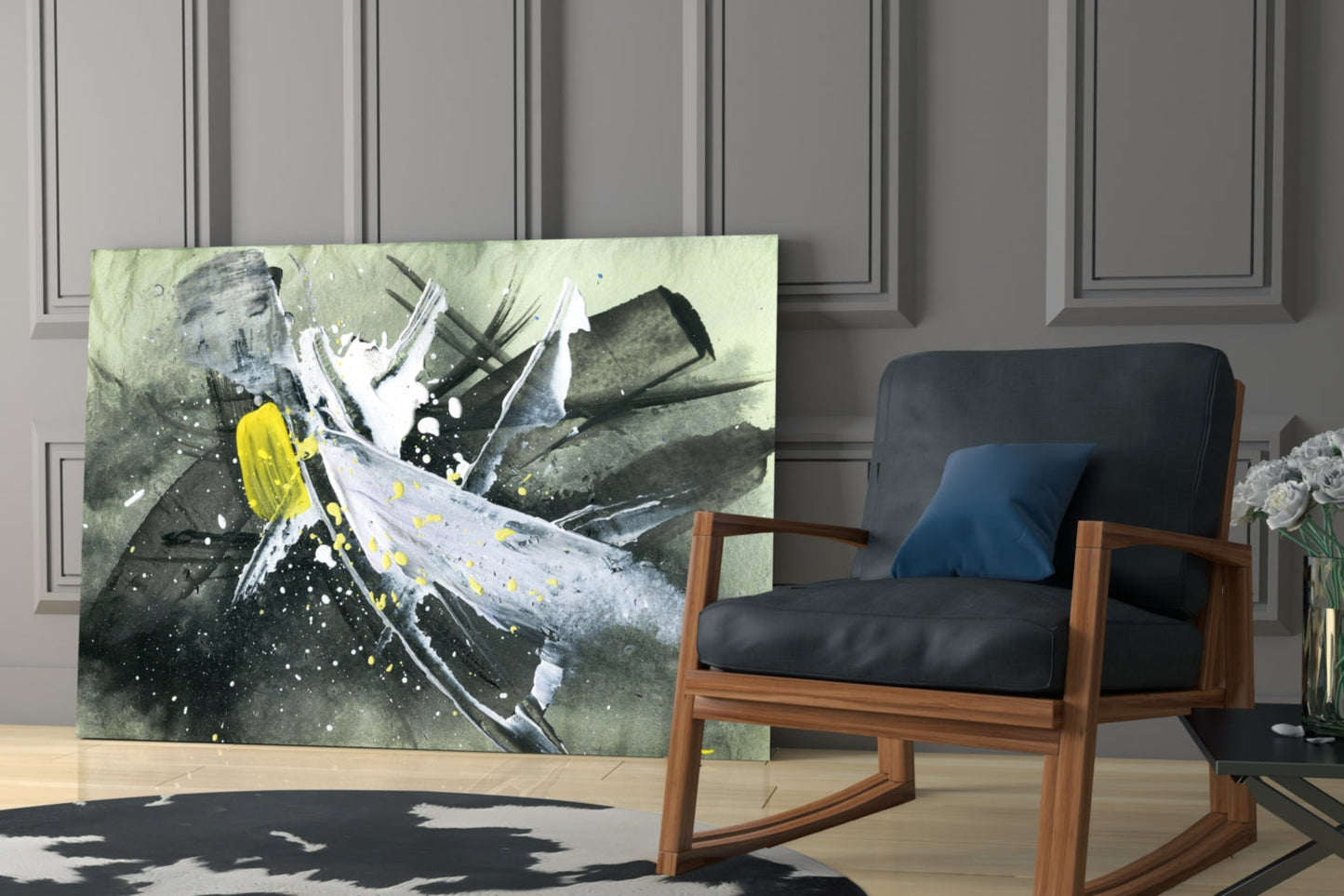 Yellow Accent Ink Splash Glass Wall Art