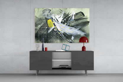 Yellow Accent Ink Splash Glass Wall Art