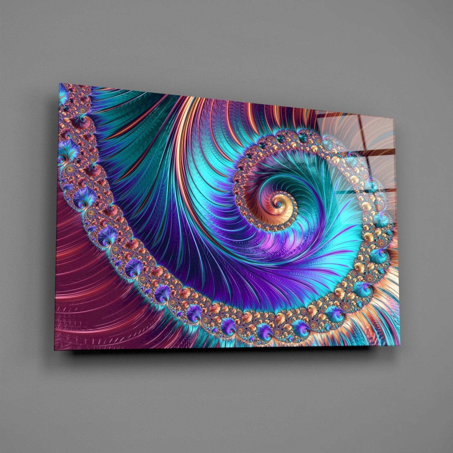 Vibrant glass wall art displaying an iridescent spiral fractal pattern in purple, turquoise, and gold tones.