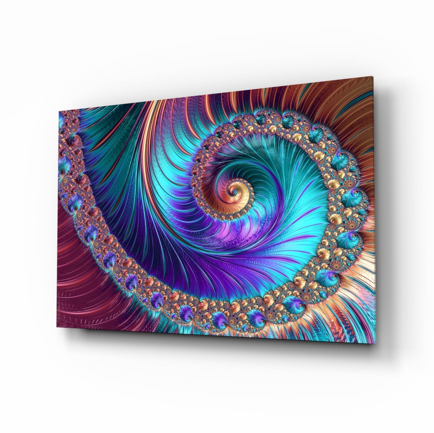 Angled perspective of glass wall art displaying an iridescent spiral fractal design in vibrant purple, blue, teal, and gold tones with ornamental border detailing.