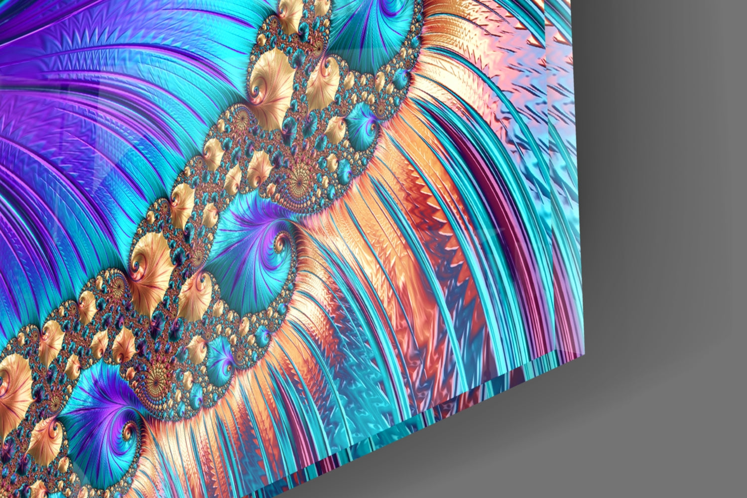 Colorful abstract glass wall art featuring vibrant blue, purple, orange, and teal fractal patterns with ornate swirling designs, displayed at an angled perspective against gray background.