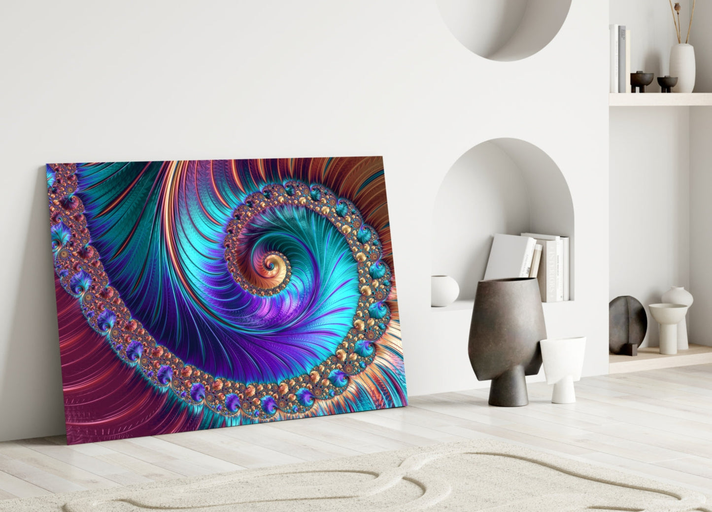 Vibrant fractal glass art leaning against white wall in minimalist room with decorative objects.