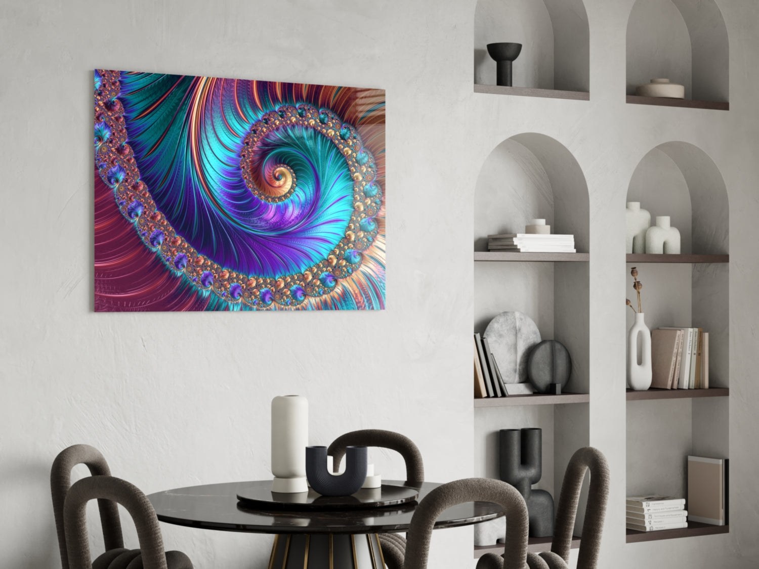 Vibrant abstract spiral glass art with turquoise, purple, and gold tones displayed above a modern dining table.