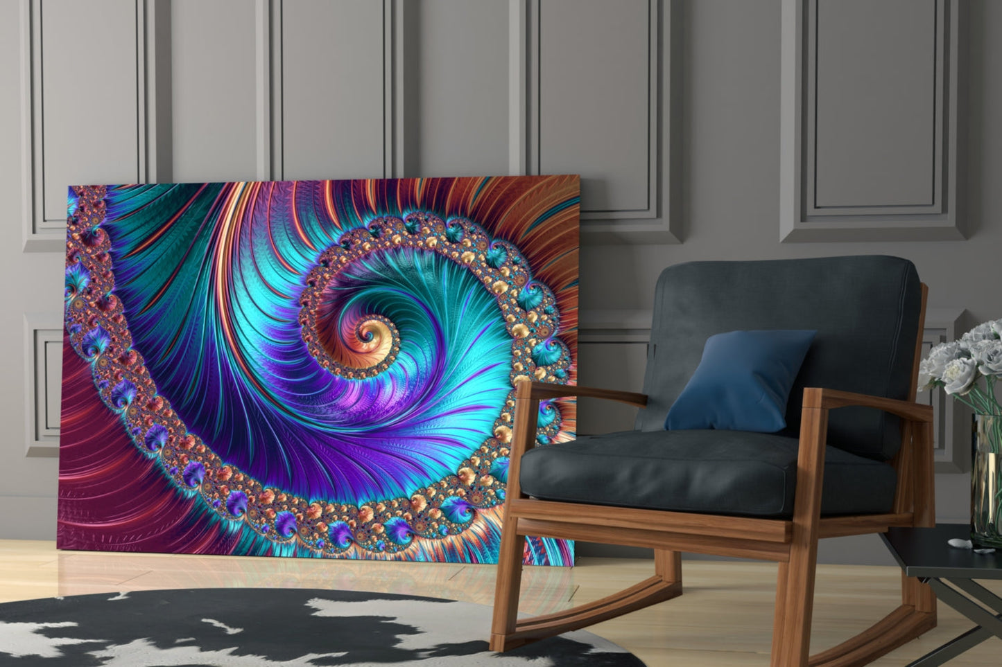 Vibrant abstract glass wall art featuring swirling purple, teal, and gold fractal patterns displayed in a modern living room interior.