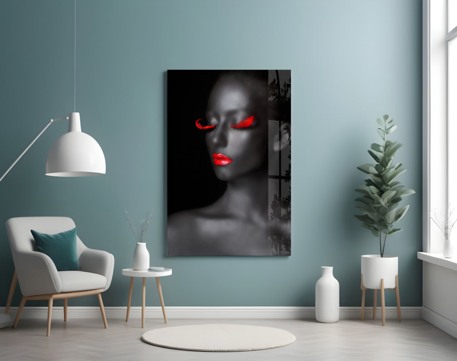 Black and white portrait with red neon glowing eyes and lips displayed on glass in modern interior setting.