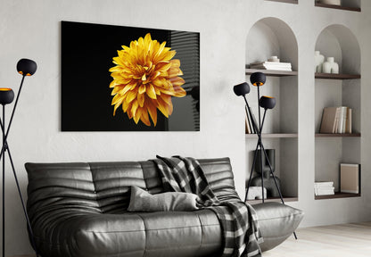 Golden Dahlia On Black Flower Glass Wall Art