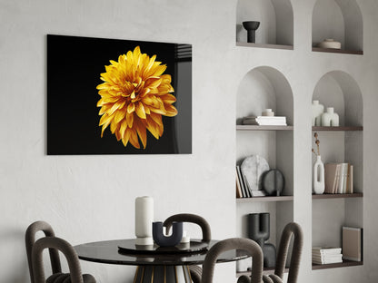 Golden Dahlia On Black Flower Glass Wall Art
