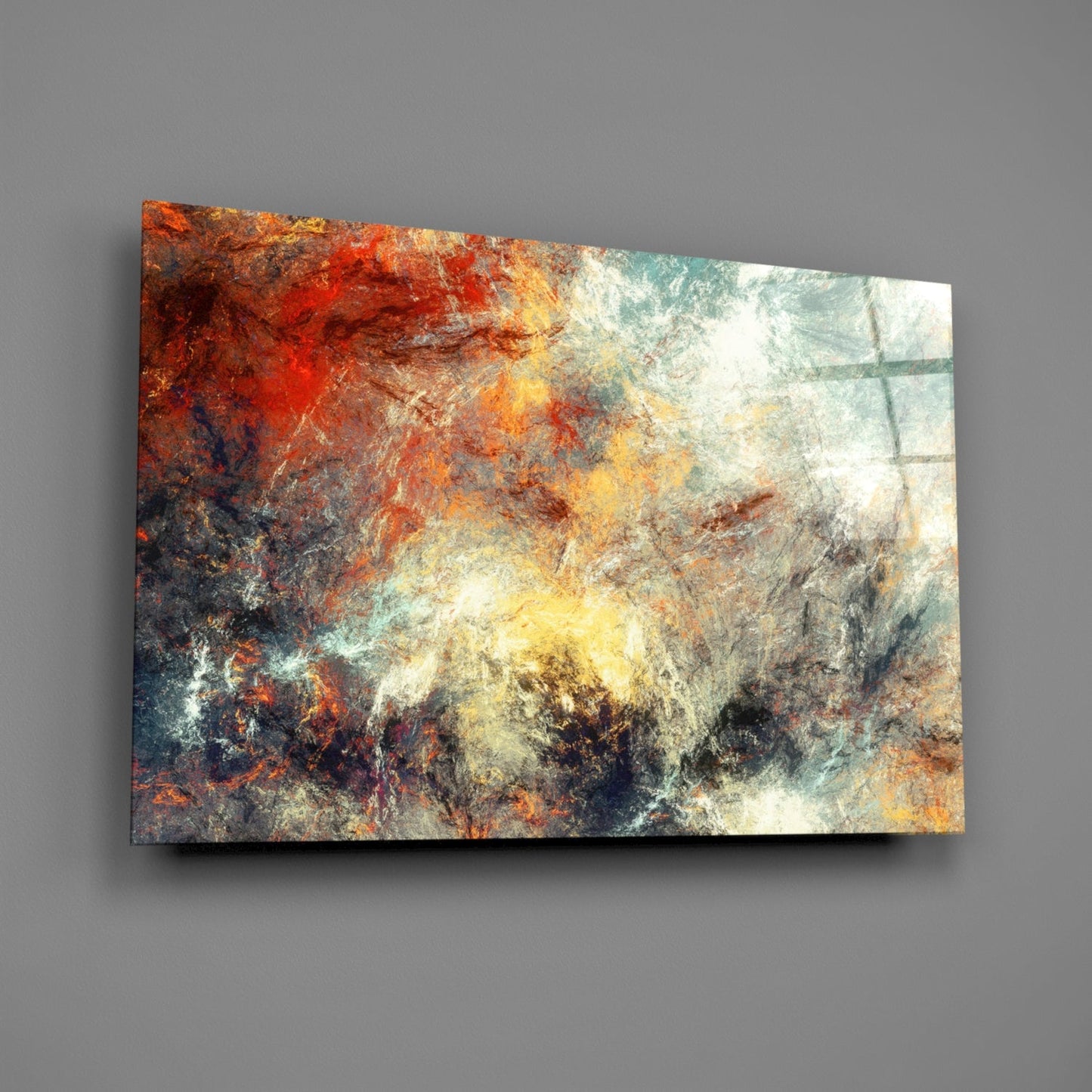 Fiery Red Teal Cloud Abstract Glass Wall Art