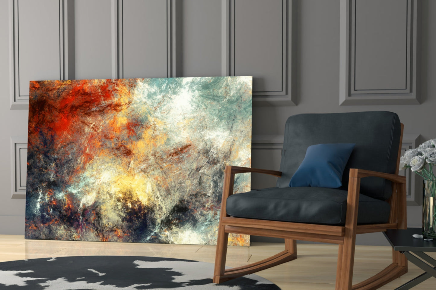 Fiery Red Teal Cloud Abstract Glass Wall Art