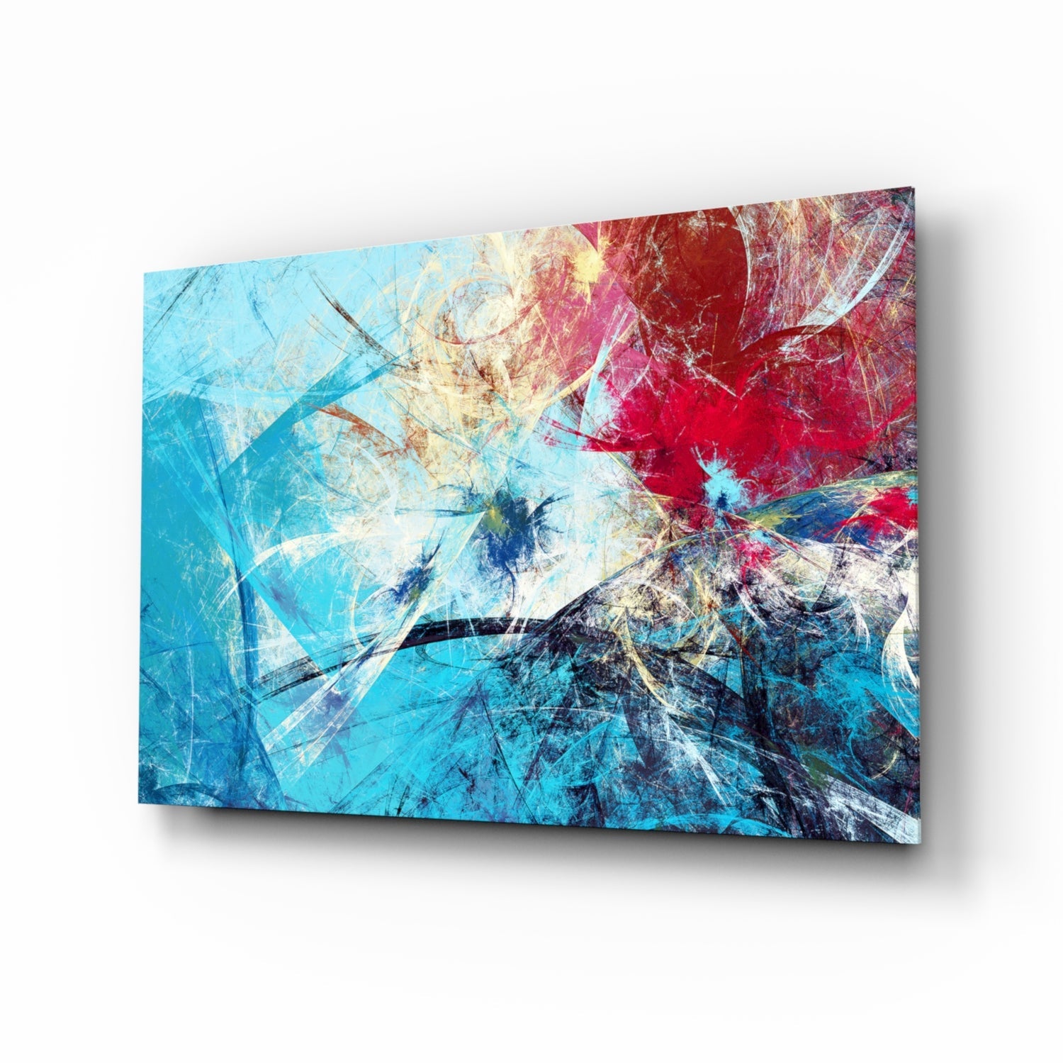 Abstract 4 Glass Wall Art displayed at an angle, showing vibrant blue, red, and yellow layered brushstrokes with scratch textures on a glossy surface.