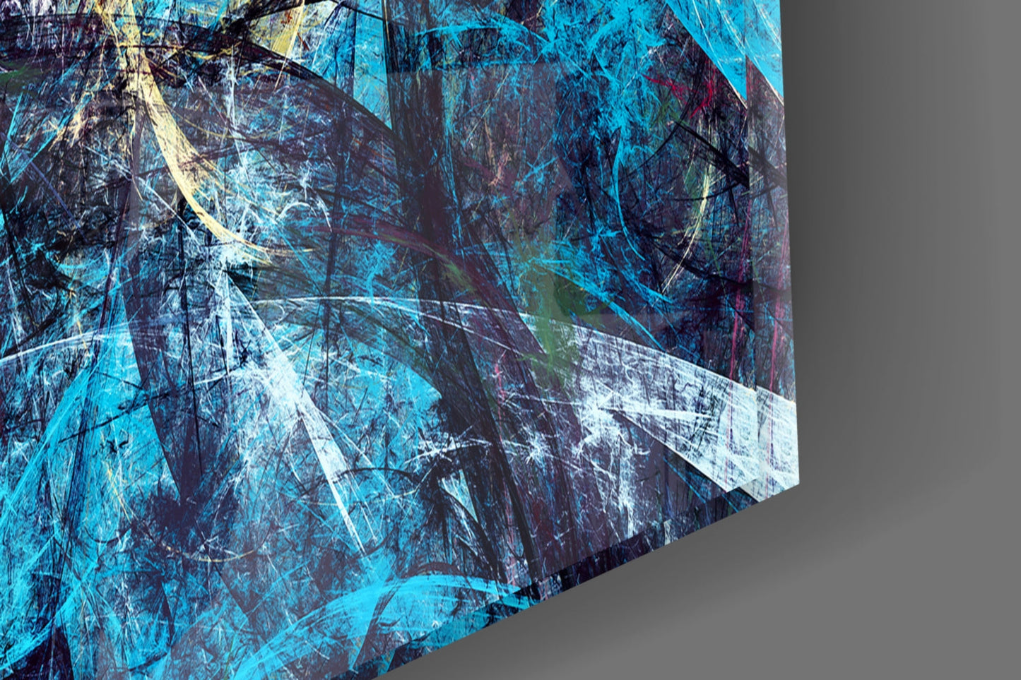 Abstract 4 Glass Wall Art displaying layered turquoise, navy, and white brushstrokes with scratched texture details on angled glass panel.