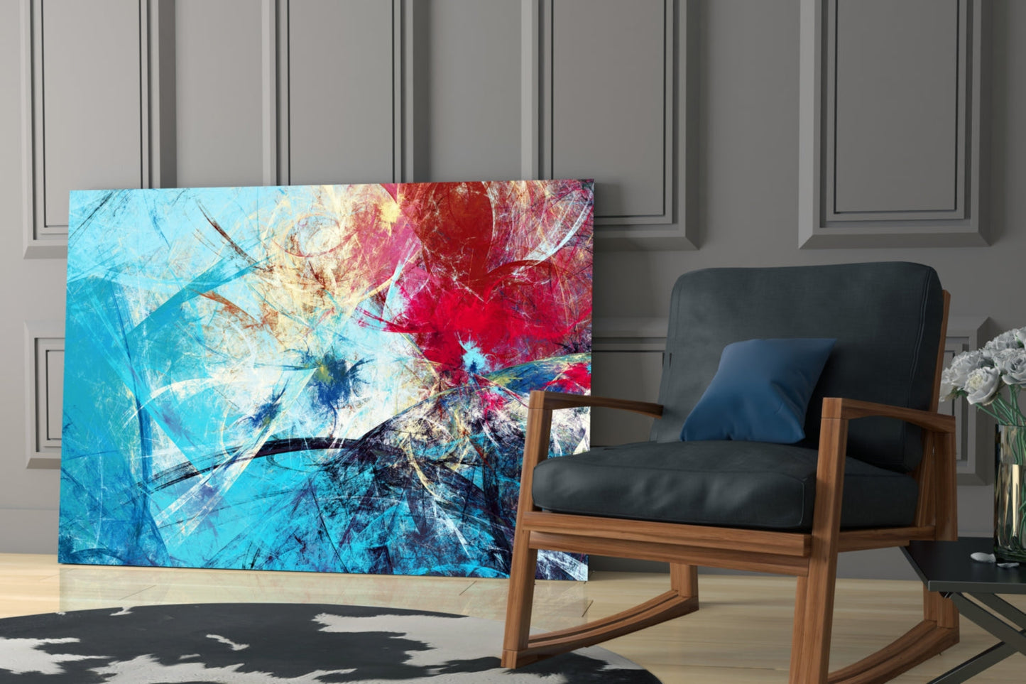 Abstract 4 Glass Wall Art displaying vibrant blue, red, and yellow splattered design displayed in modern living room setting with wooden chair.