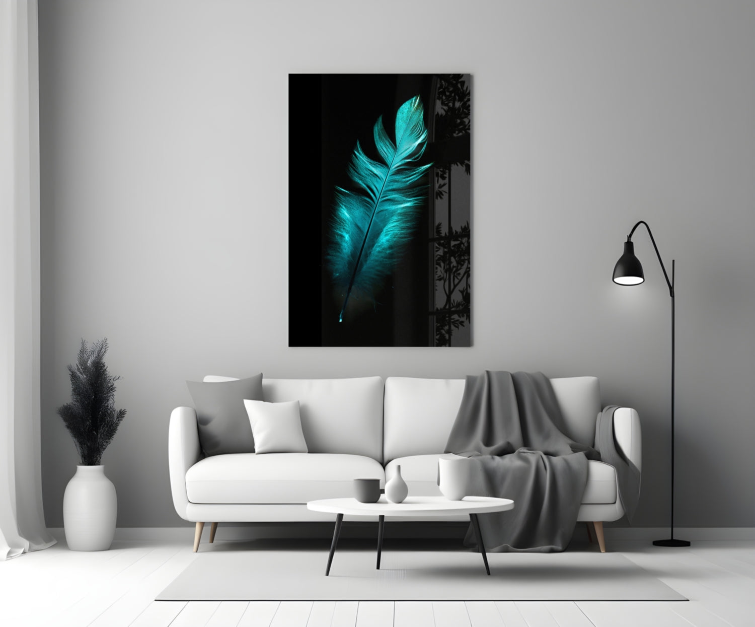 Turquoise feather glass wall art displayed above white sofa in minimalist living room setting.