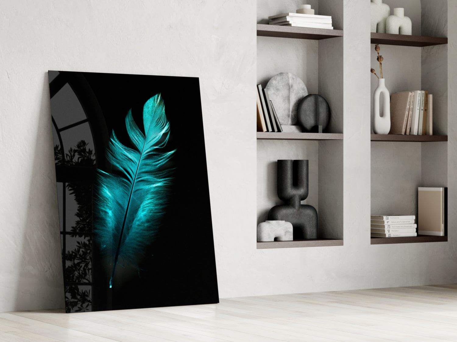 Modern interior scene featuring a turquoise feather glass artwork leaning against a white wall beside floating shelves with decorative objects.