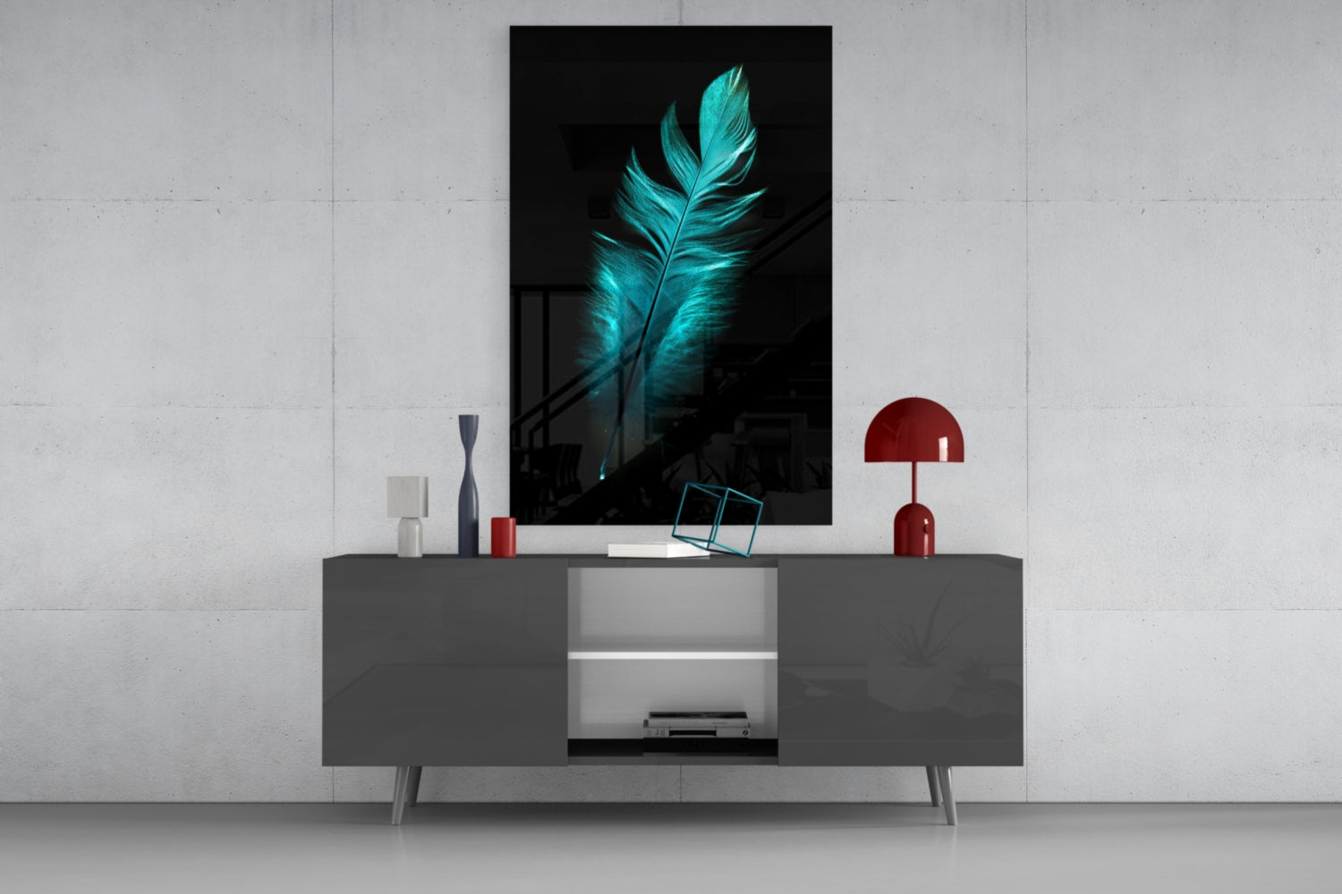 Glowing turquoise feather glass wall art displayed above gray media console with red lamp and decorative accessories.
