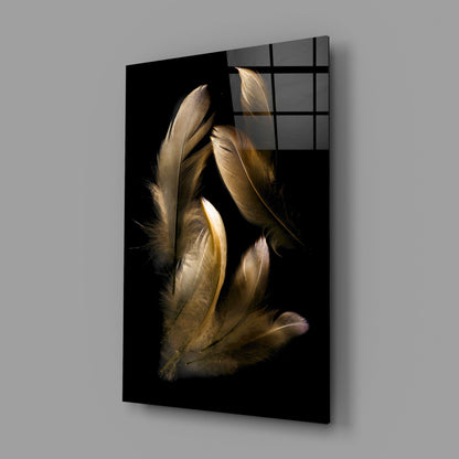 Angled view of black glass wall art featuring golden-brown feathers illuminated against dark background with grid pattern overlay on upper right.