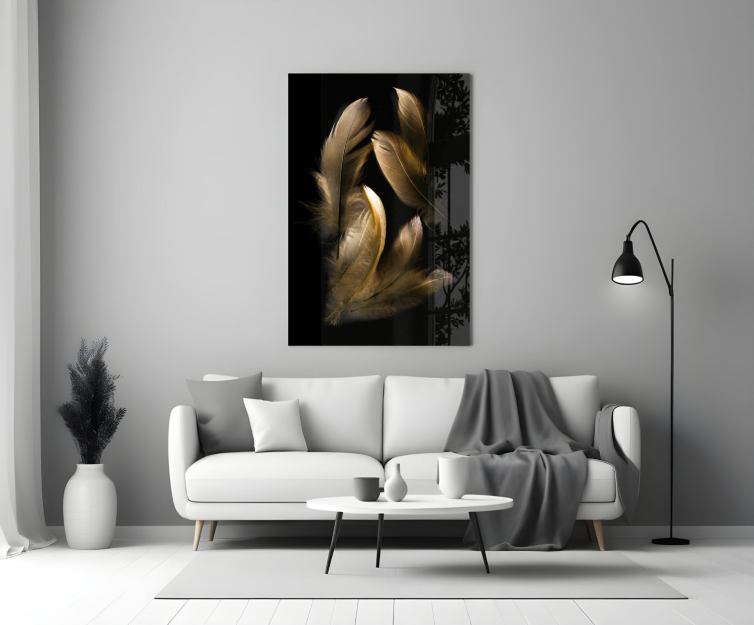 Tan feather glass wall art displayed above a white sofa in a minimalist living room setting.